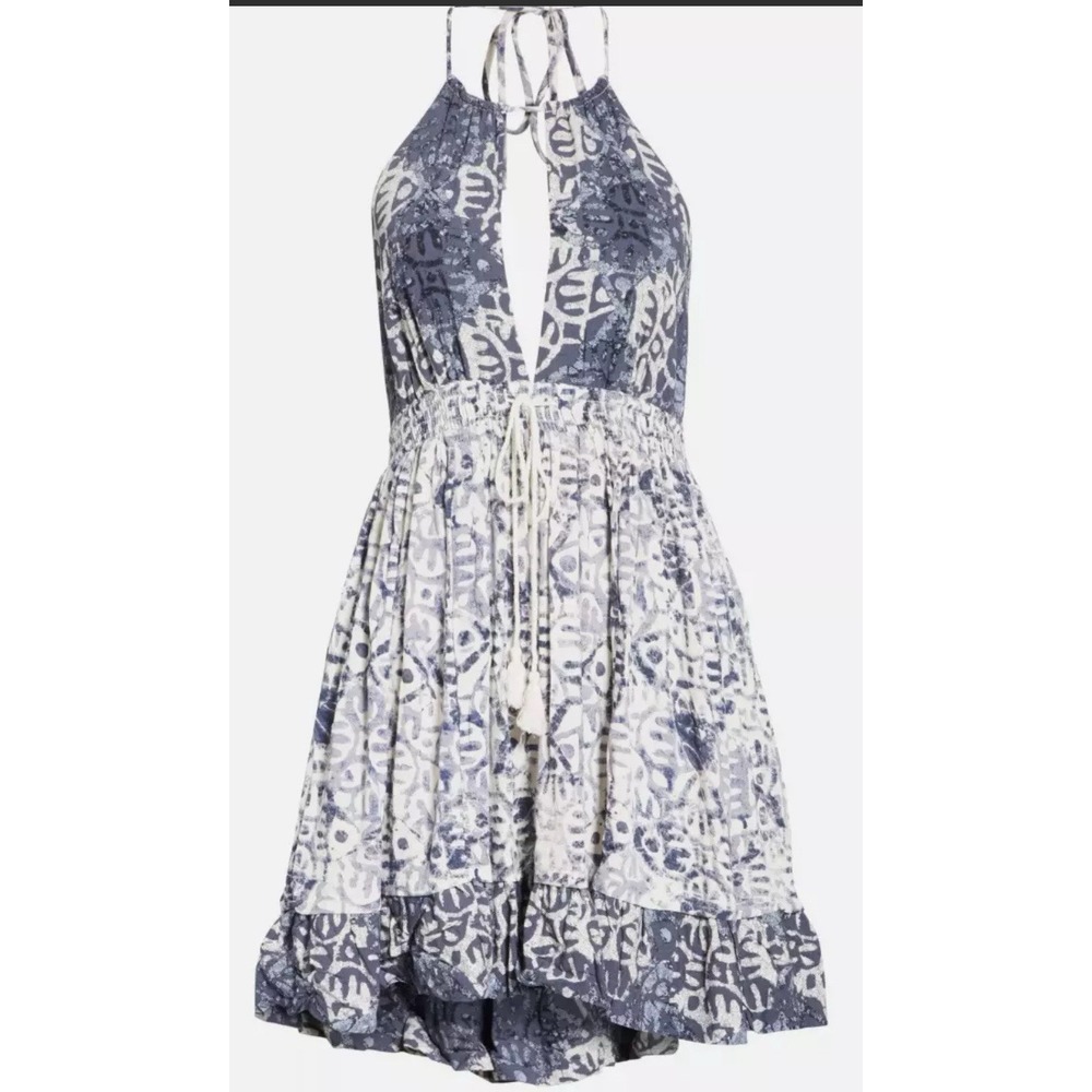 NWT Free People Beach Day Mini Boho Halter Dress Size M Blue & White Loose Flowy